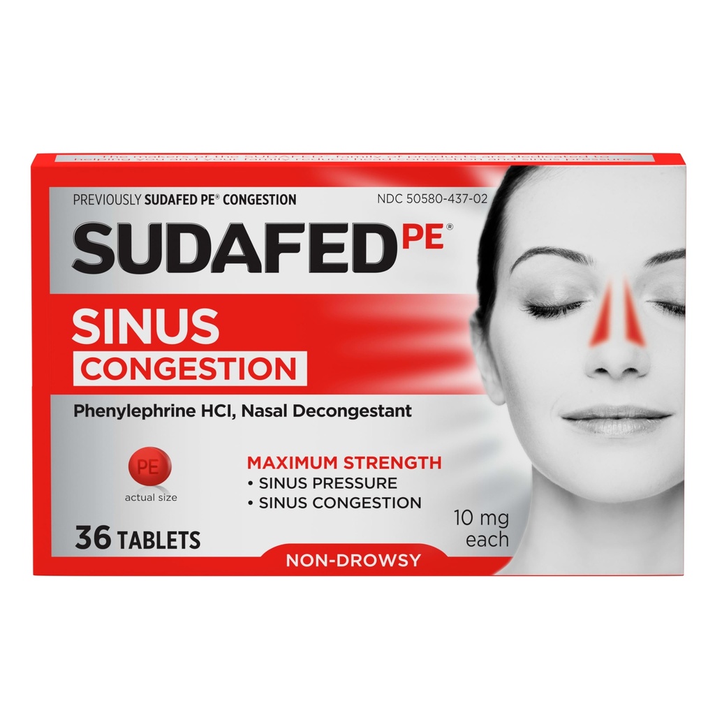 Sudafed PE siinuse ummistuste leevendamise tabletid, maksimaalne tugevus, mitte-uimas 10 mg fenülefriin HCI dekongestant siinuse rõhu ja nina ummistuste leevendamiseks külma või allergia tõttu, 36 ct