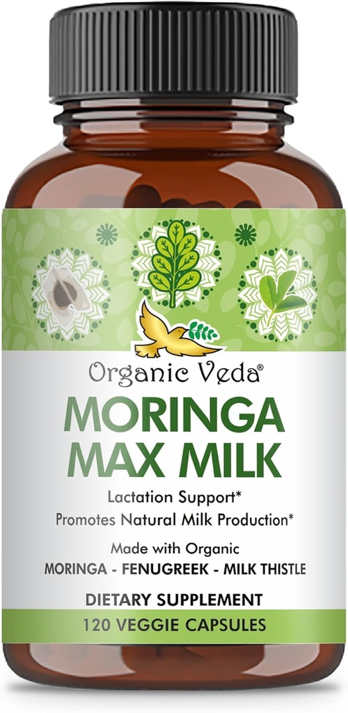Orgaaniline Veda Moringa Max Milk Lactation Supplement (120 kapslit) - 1800mg Super Strength Organic Vegan Complex koos lambaläätse, piimaohakas, Moringa Leaf & seemned rinnaga toitmiseks piima tarnimine