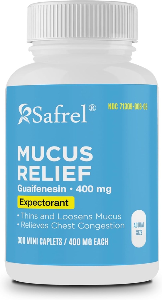 Safrel Pharma Mucus Relief Guaifenesin 400 mg - Fast Acting Expectorant, Thins and Loosens Mucus, Leevendab rindkere ummistusi, köha, külma ja grippi | (300 loend (1. pakk))