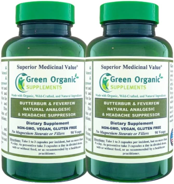 Rohelised orgaanilised toidulisandid Butterbur, Feverfew, Analgesic, Painkiller & Headache Suppressor, 90 VCaps, High Absorbable, Non-GMO, Gluteenivaba (pakk 2)