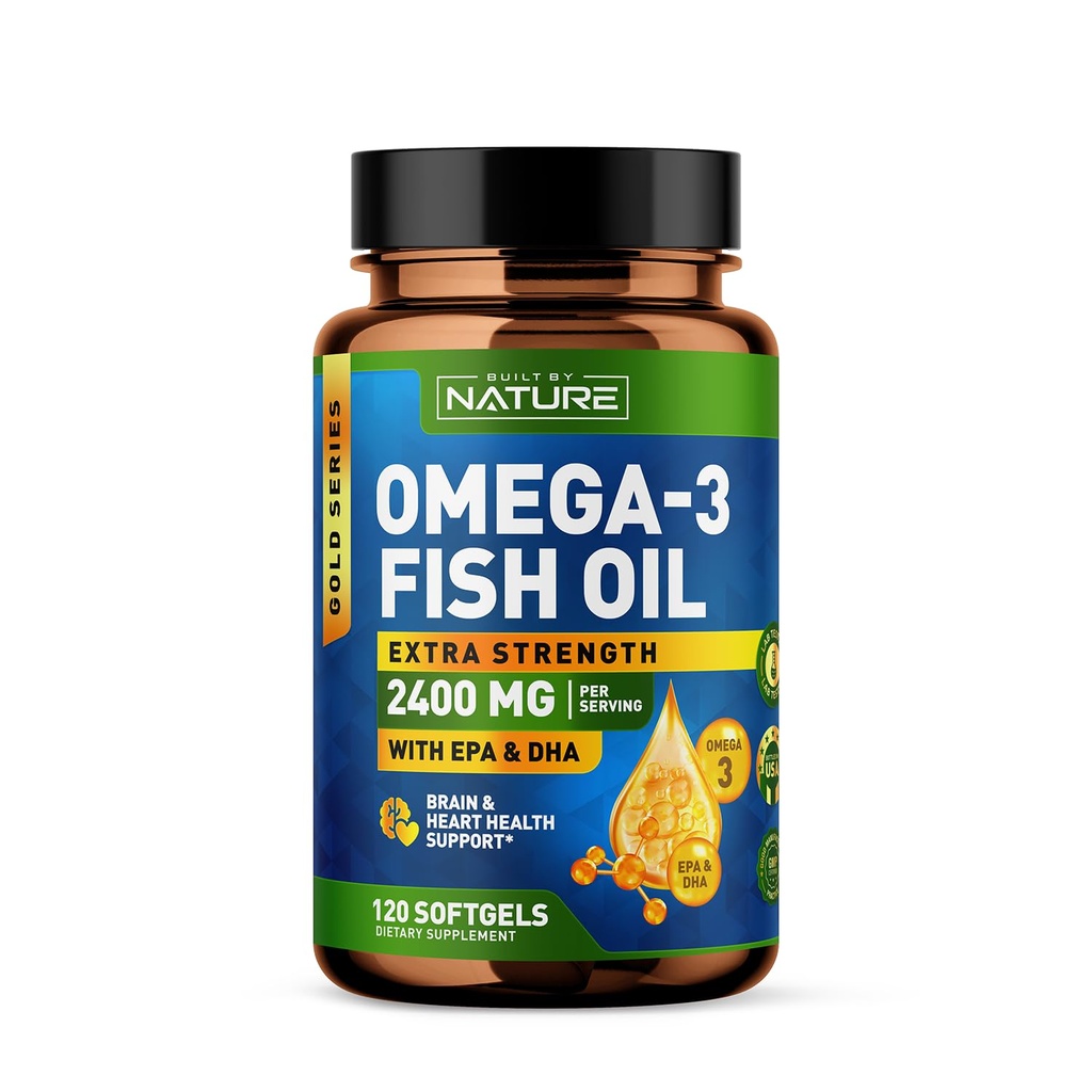 Ehitatud Nature Omega 3 kalaõli pehmed geelid - 2400 mg kalaõli, 1440 mg Omega 3, 864 mg EPA, 576 mg DHA - ekstra tugevus aju ja südame tervise toetamise täiendus - 120 Softgels