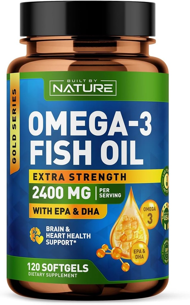Ehitatud Nature Omega 3 kalaõli pehmed geelid - 2400 mg kalaõli, 1440 mg Omega 3, 864 mg EPA, 576 mg DHA - ekstra tugevus aju ja südame tervise toetamise täiendus - 120 Softgels