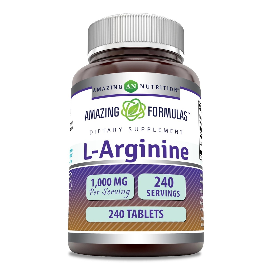 Hämmastav valem L-arginiin 1000 mg tabletid | Aminohappe lisand naistele ja meestele | Mitte-GMO | Gluteenivaba | Valmistatud USAs (240 loend)