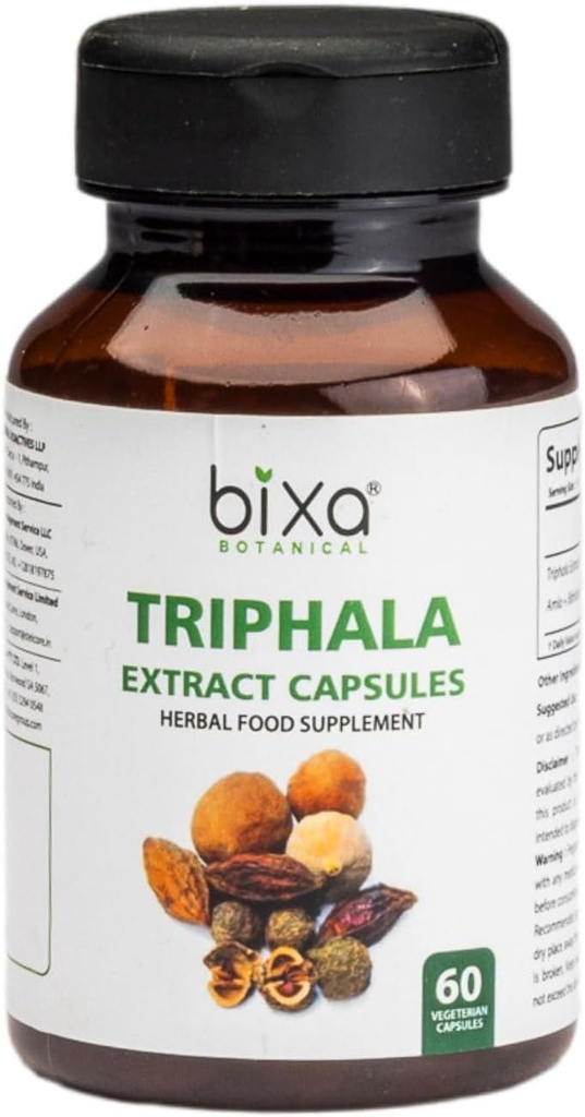 bixa BOTANICAL Ayurveda looduslik taimelisandi Triphala ekstraktkapsel tervisliku seedimise ja toitainete imendumise jaoks (Amla + Haritaki + Bibhitak) (60 loend (1. pakk))