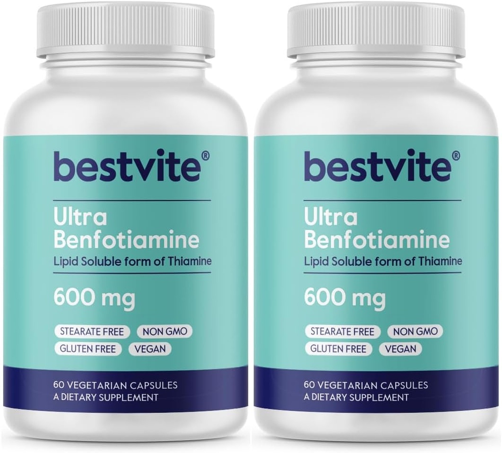 Ultra Benfotiamiin 600 mg kapsli kohta (120 taimset kapslit) (60x2) Steaate ei ole - ränidioksiidi ei ole - vegan - mitte GMO - gluteenivaba - maksimaalne tugevus Benfotiamiin
