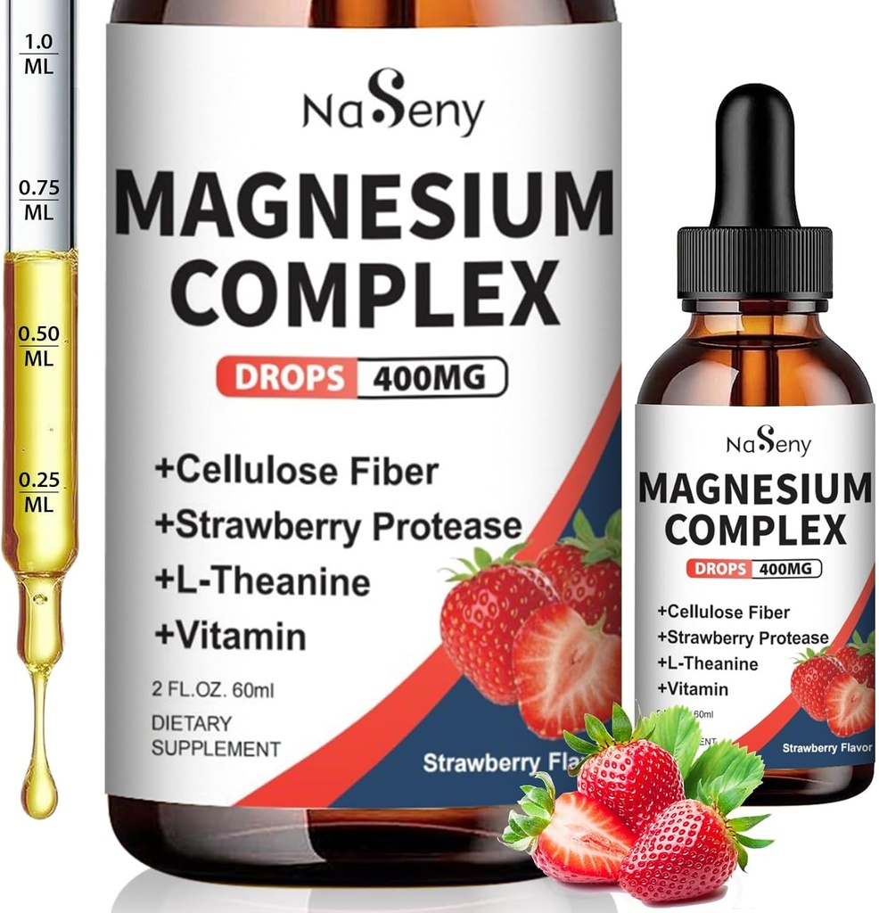 Magneesiumglütsinaat Vedelik 400mg, kõrge imendumine Magneesiumi kompleksi lisandid vitamiiniga B6, D, C, et toetada und, lihaseid, närvide tervist, mitte-GMO gluteenivaba vegan (2 Fl Oz / Maasikas)