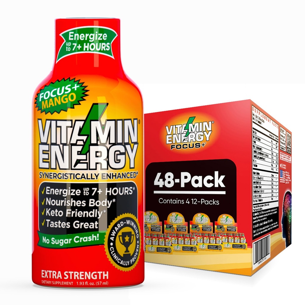 Vitamiinienergia fookus + ekstra tugevus Energia Shot Mango 48 Pack, 260mg looduslik kofeiin, B-vitamiinid, CoQ10, Aminohapped, fookus, tootlikkus ja selgus, nullsuhkur, gluteenivaba, 1,93 fl oz
