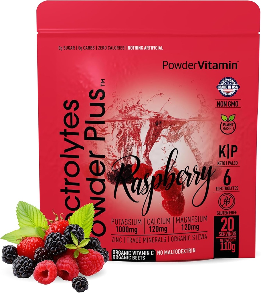 PowderVitamin Electrolytes Powder Plus (20 Servings) Vaarika elektrolüüt Pulber Nullkalor Keto,0 Suhkur, Ei Maltodekstriin,1000mg Kaalium,120mg Kaltsium,120mg Magneesium, Roosa Himaalaja sool