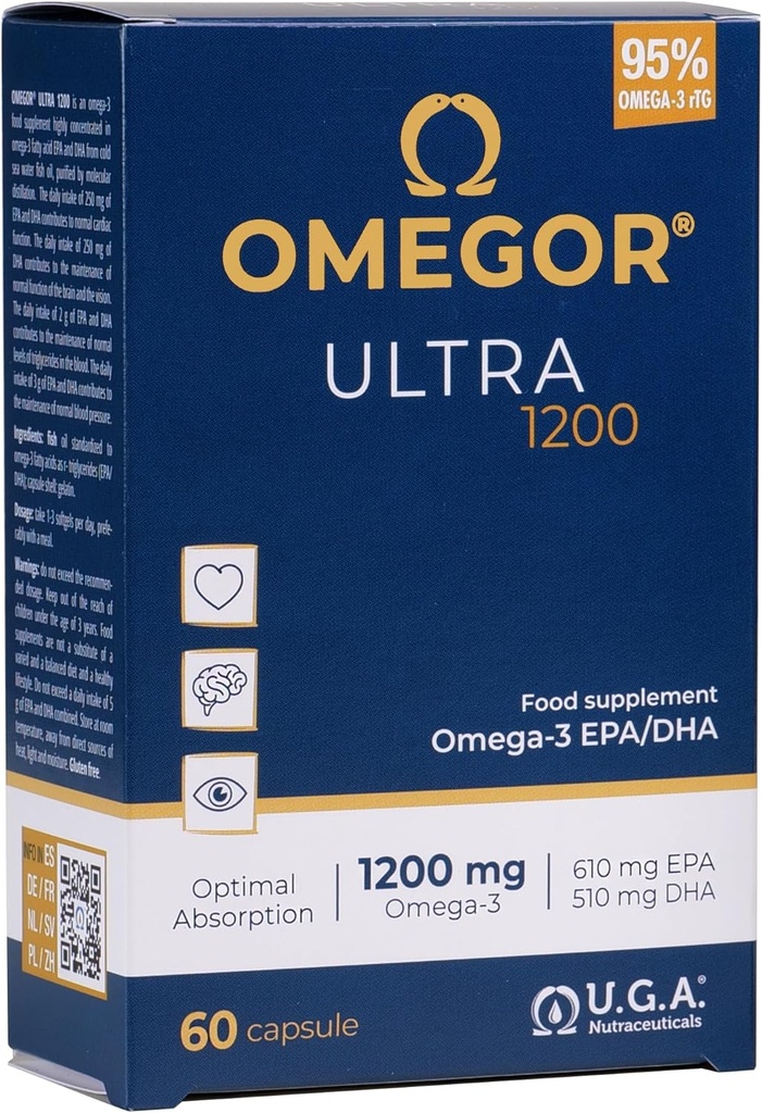 OMEGOR Omega 3 kalaõli 1200mg Ultra - 610mg EPA ja 510 DHA Omega3 IFOS sertifitseeritud - kõrge biosaadavus ja ei järelmaitse (60 Caps)