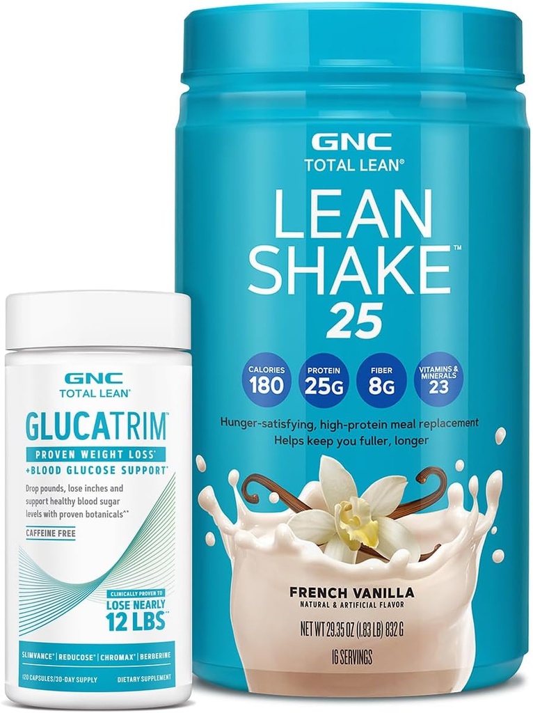 GNC Total Lean GlucaTrim - 120 kapslit (60 serveerimist) + GNC Total Lean | Lean Shake 25 valgupulber | Kõrge valgusisaldusega toidu asendaja loksutamine | Prantsuse vanilje | 16 serveerimist