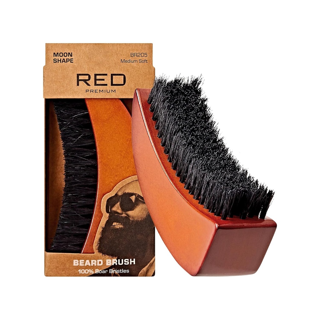 Red by Kiss Beard Brush 100% looduslike metssiga harjad meestele, Premium Wooden Brush, Beards Vuntsid Grooming Raseerimiskamm, Tame ja pehmed näo juuksed (MOON SHAPE)