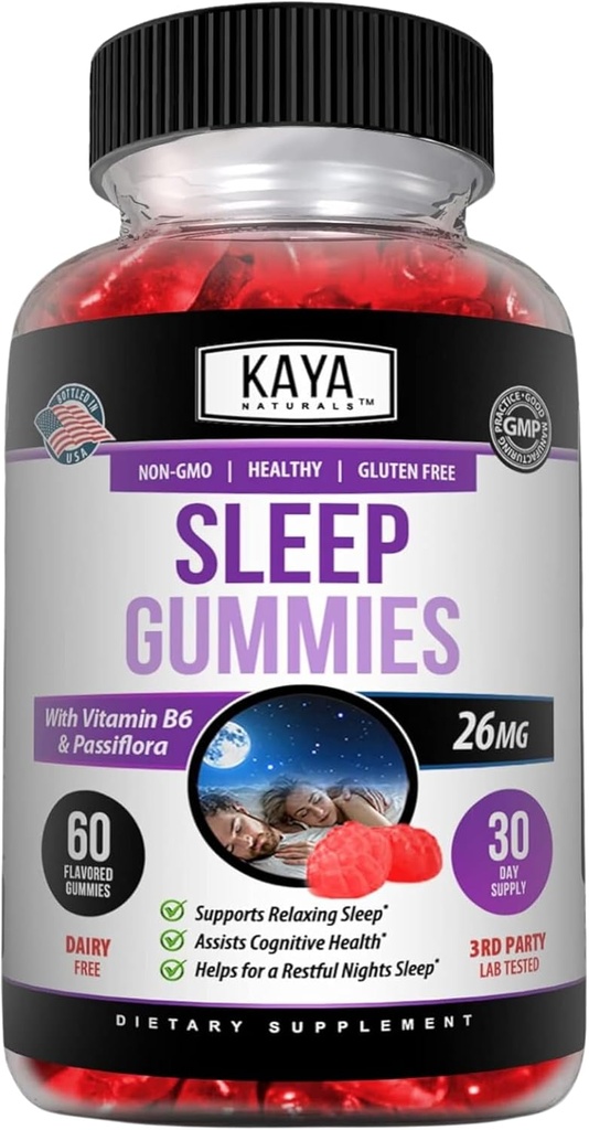 Kaya Naturals Melatoniin Gummies (26mg) Tervislik täiendus ja uneabi täiskasvanutele, aitab teil magada loomulikult, vitamiin B6 kummikud - 60 kummi vitamiini naistele ja meestele - 30-päevane pakkumine