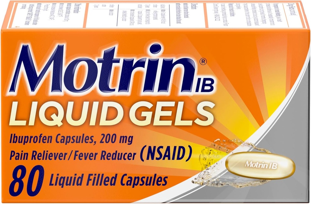 Motrin IB Ibuprofeen 200mg Vedelad geelid , Ibuprofeen Valu leevendaja & Palaviku vähendaja täiskasvanutele , kergendus väikese artriidi valu , lihasvalu , peavalu , menstruaalkrambid ja seljavalu , 80 ct