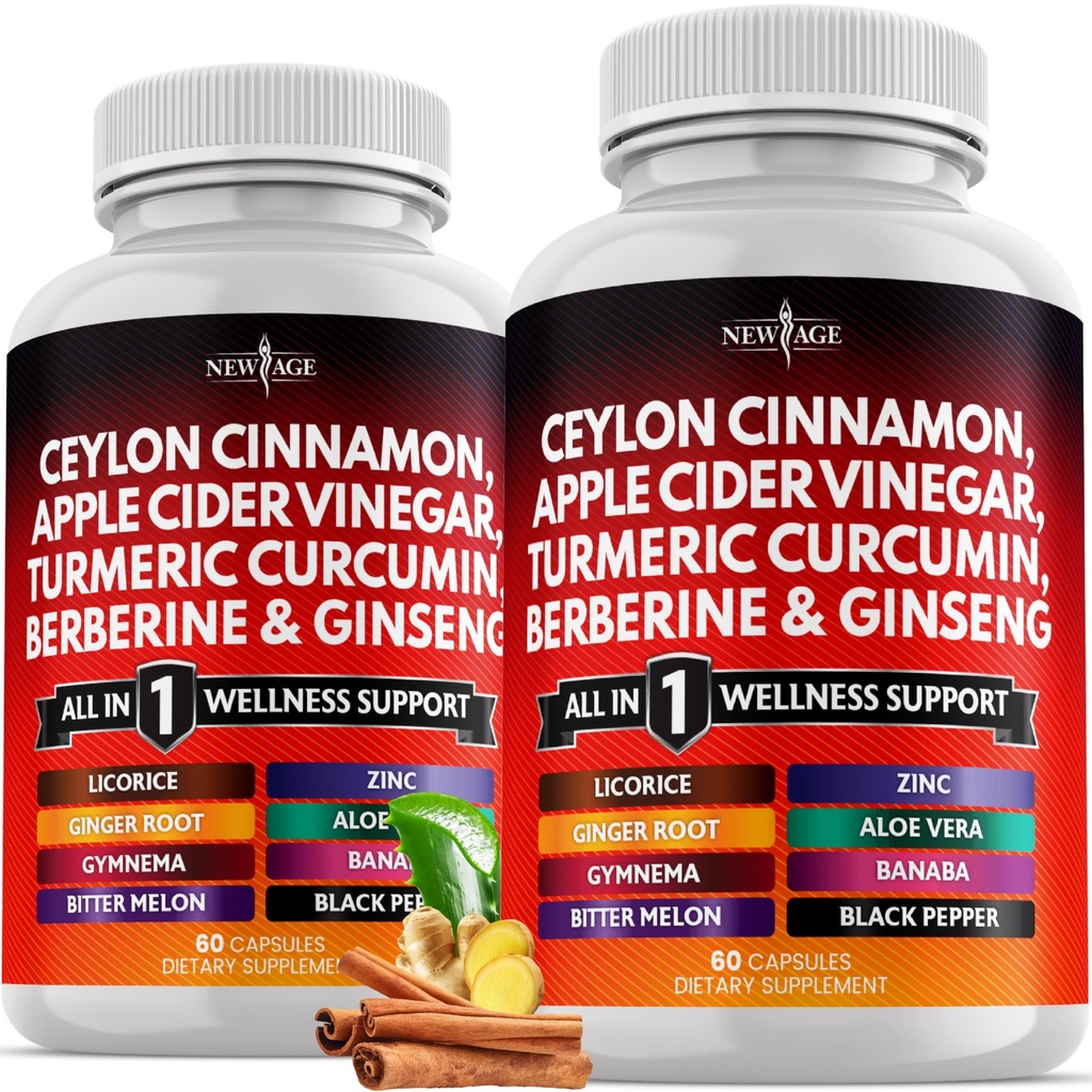 Ceyloni kaneel, kurkum, õunasiidri äädikas, ženšenn, Aloe Vera, Berberine Plus Banaba, ingveri juur - 120 krahv