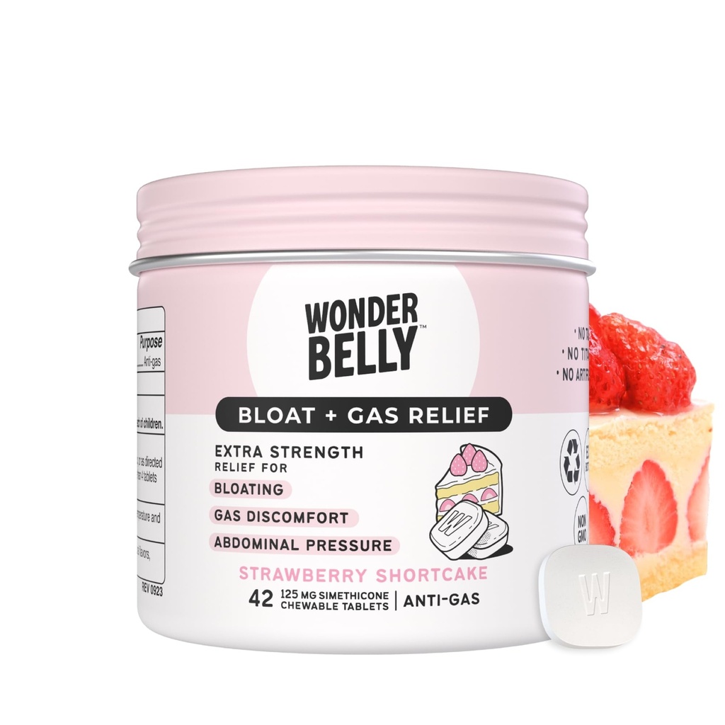 Wonderbelly Bloat + Gas Relief , ekstra tugevusega närimistabletid , 125 mg Simethicone , Talc või Dye , Strawberry Shortcake , 42 Count