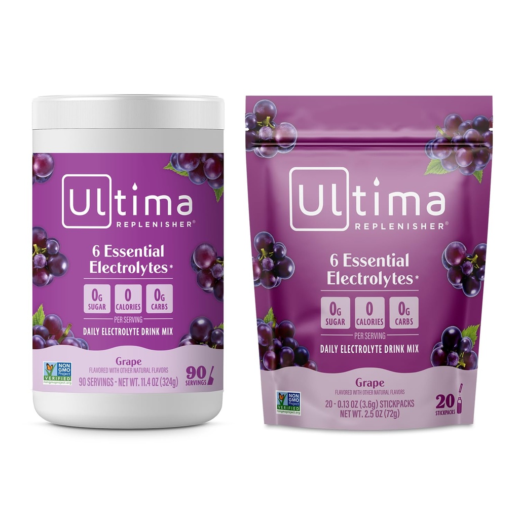Ultima Replenisher Electrolyte Powder Drink Mix Bundle – Sugar Free – Viinamarjavaba, 90 Serving Canister ja 20 Stickpacks – 6 Elektrolüüte ja mineraale – Keto Friendly, Vegan, Non-GMO
