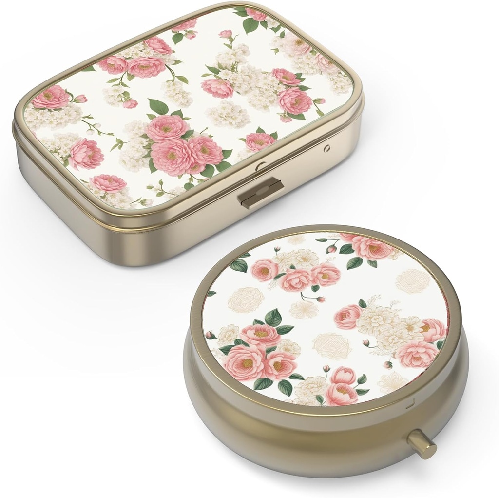 Pill Organizer Pill Box Peegel Retro Väike pillid kasti rahakoti või tasku pronksi pillid kasti või vitamiine, kalaõli, toidulisandeid, pillid sisaldavad reisikingitusi (2PCS-Retro Pink Floral)