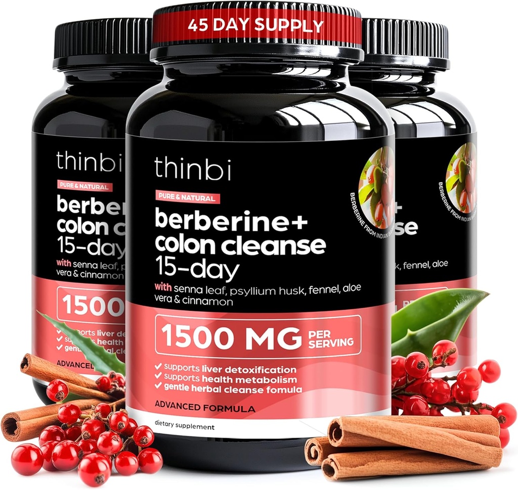Colon Cleanse Berberine Supplement 1500mg - 3 Pack - 15-päevane lisatugevus meestele ja naistele w / Senna Leaf, kiiretoimeline looduslik kõhukinnisuse leevendamiseks, soolestiku tervis - valmistatud USA-s
