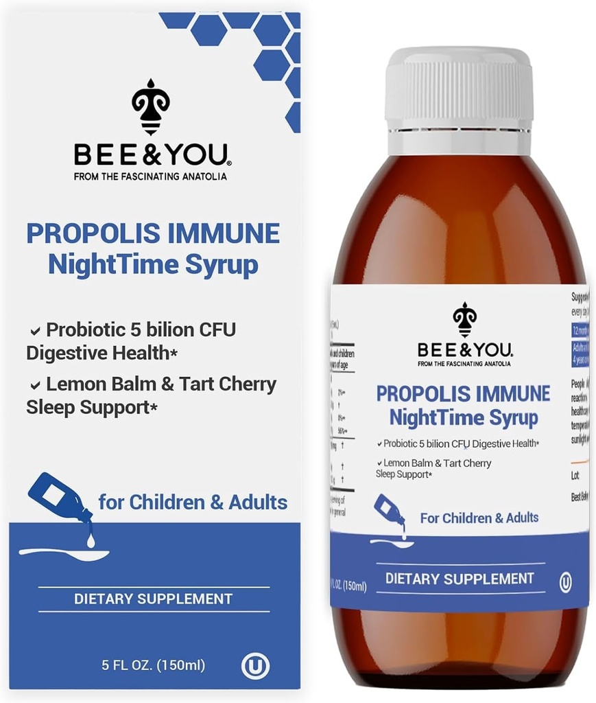 Bee ja You Propolis Nighttime Syrup koos probiootikumi, C-vitamiini ja Elderberry - õrn valem täiskasvanutele ja lastele, 5 Fl Oz
