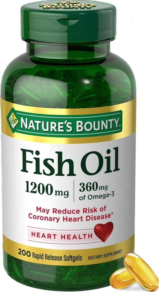 Looduse Bounty Fish Oil Omega 3 toidulisandeid - toetab südame tervist, 1200 Mg kalaõli, Omega-3, 200 Softgels (pakk 1)