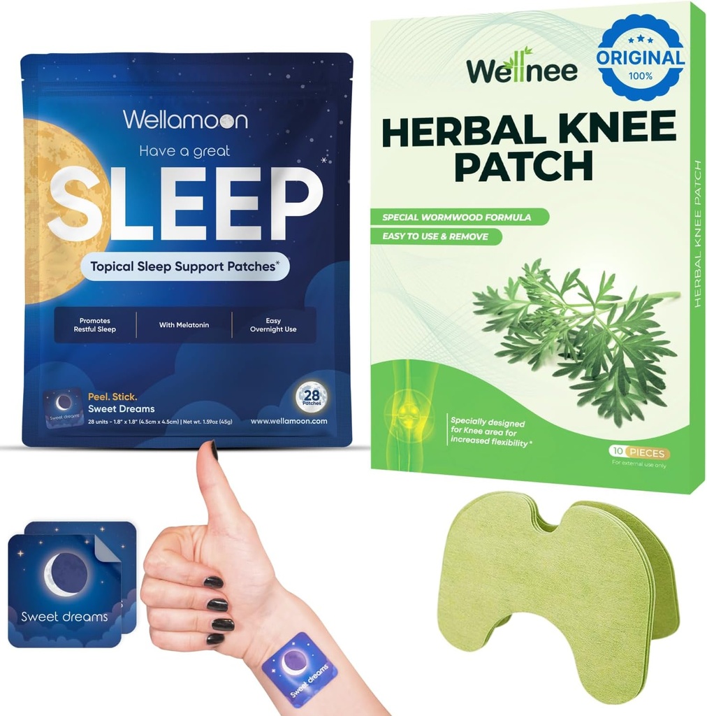 Wellnee & Wellamoon Wellness Pack: Herbal Põlve Mugavuspadjad (10 Count) & Natural Sleep Support Patches (28 Count) – Joint & Lihasmugavus taimepõhise uneabiga