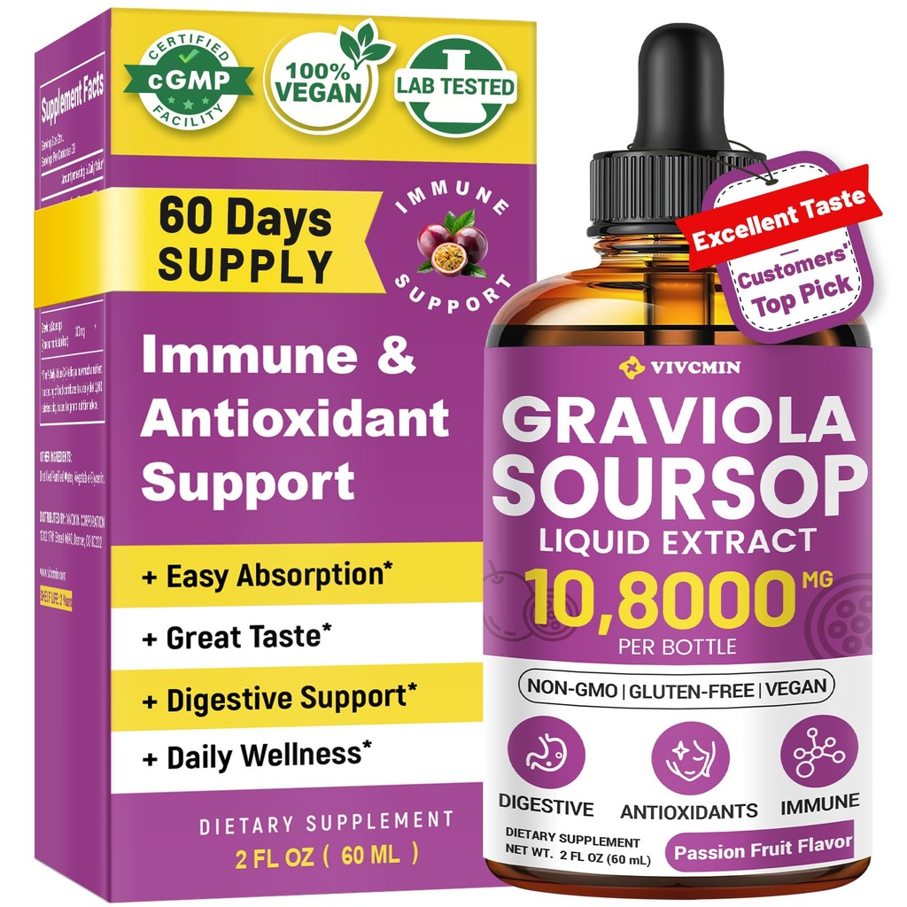 Graviola Soursop Leaf Extract Vedelik - Soursop Bitters Vedelik, Tugi Immuunsus, Lõdvestu, Maks ja uni, suhkur ja alkoholivaba, Väga imenduv valem, Passion Fruit Flavor, 2 Fl Oz