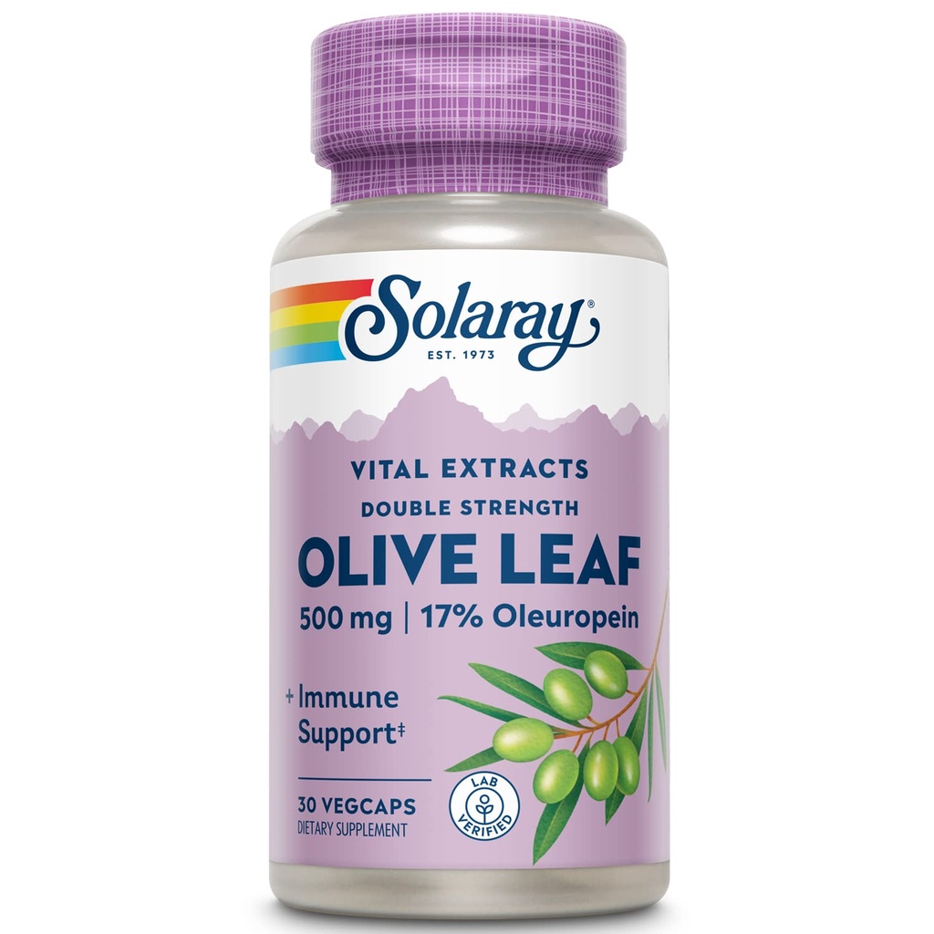 SOLARAY Garanteeritud potentsi Olive Leaf ekstrakt Kahekordne tugevus, Veg Cap (Btl-Plastic) 500mg | 30ct