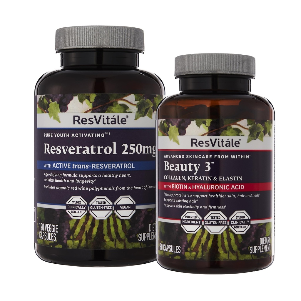 ResVitale Beauty 3 - nahahoolduse täiendus kollageeni, Keratin & Elastin - 90 kapslit & Resveratrol 250 mg - Resveratrooli täiendus meestele ja naistele - 120 Veggie kapslit
