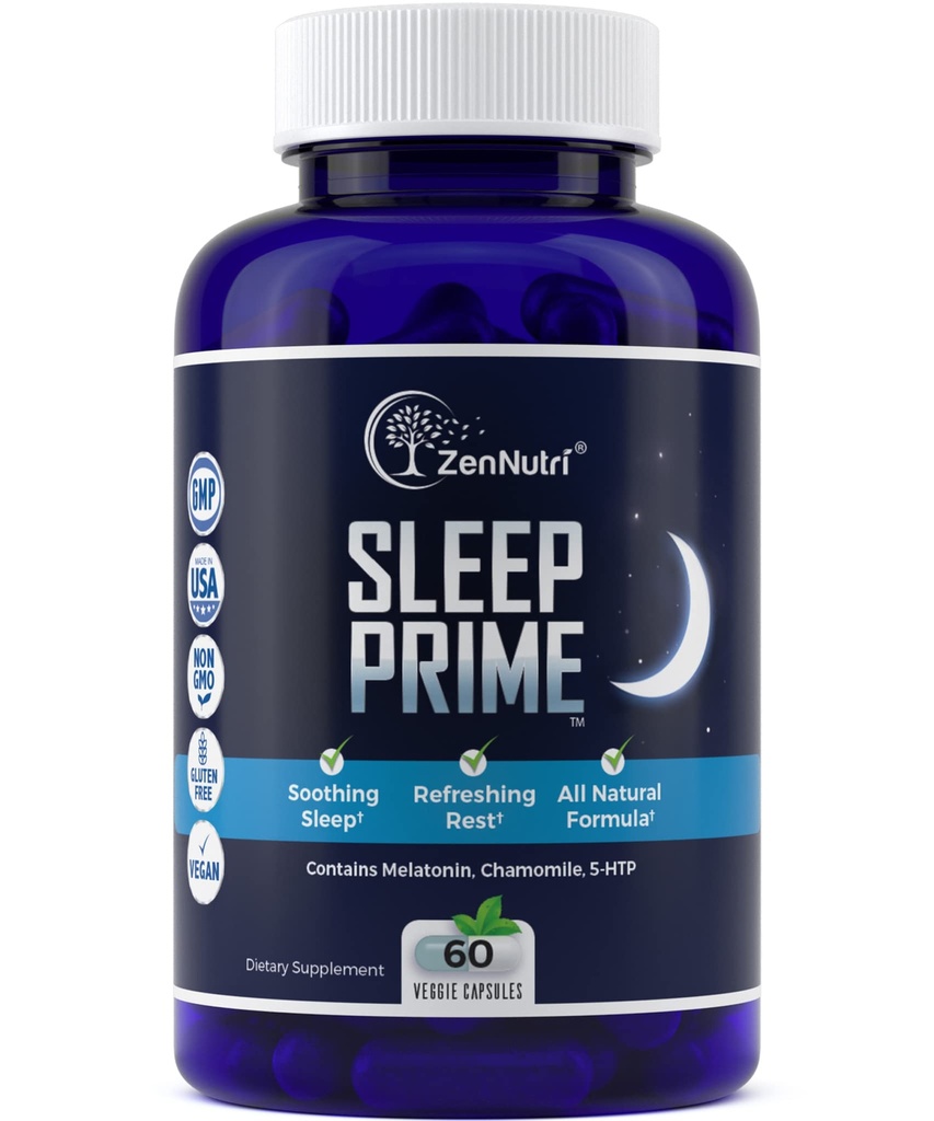 Sleep Prime Vegan Natural Sleep Aid for Adult Extra Strength - Deep Sleep Supplement - Taimne Sleeping Pill - Stress Relief - Melatoniin, GABA - 60 Veggie mütsid
