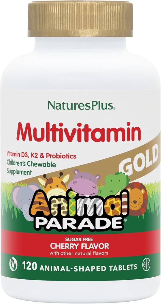 NaturesPlus Animal Parade Gold Laste näritav multivitamiin - looduslik kirsi maitse - 120 Animal Shaped-Tablets, pakend 2 - D3-vitamiiniga, K2-ga ja probiootikumidega - 120 kokku