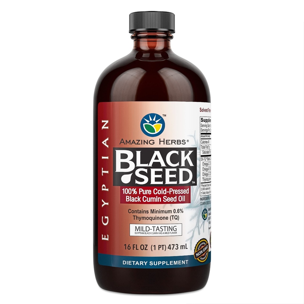 Hämmastavad maitsetaimed Egiptuse musta seemne õli - gluteenivaba, mitte GMO, külmpressitud Nigella Sativa Aids seedetrakti tervises, immuuntoetus, ajufunktsioon, kerge maitse - 16 Fl Oz