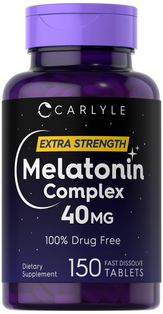 Carlyle Melatoniin 40 mg kompleks | 150 Kiiresti lahustuvad tabletid | Extra tugevustuge | koos ashwagandha ja kummeliga | Taimetoitlane, mitte-GMO, gluteenivaba toidulisand