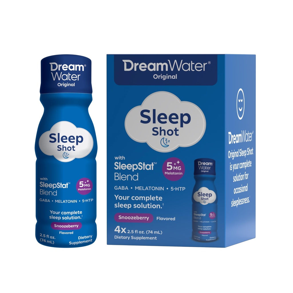 Dream Water Sleep Aid Supplement Drink; Melatoniin 5mg, GABA, 5-HTP; Nullsuhkur, looduslikud maitsed, lisamata värvid, 2,5 oz Vedelad une kaadrid, Snoozeberry, 4-Count