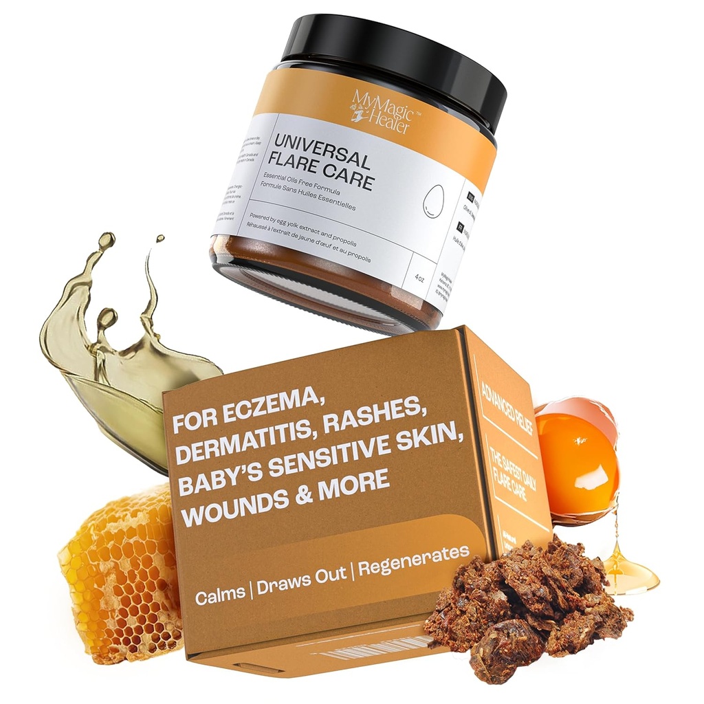 MyMagicHealer Universal Flare Care | Eeterlik õlivaba | Löövete, ekseemi, psoriaasi, Hidradeniit Suppurativa, Impetigo, dermatiit, Haavahooldus, Tundlik nahk w/Propolis & Egg Yolk 4 oz