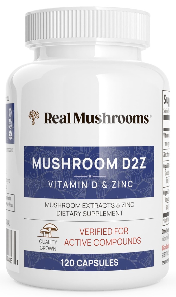 Real Seened Tsink ja Vitamiin D2 Kapslid - Orgaaniline Chaga ja Reishi Seeneekstraktid - Vitamiinid üldise heaolu toetamiseks - Vegan, Non-GMO, Gluteenivaba - 120 Count Seenelisa