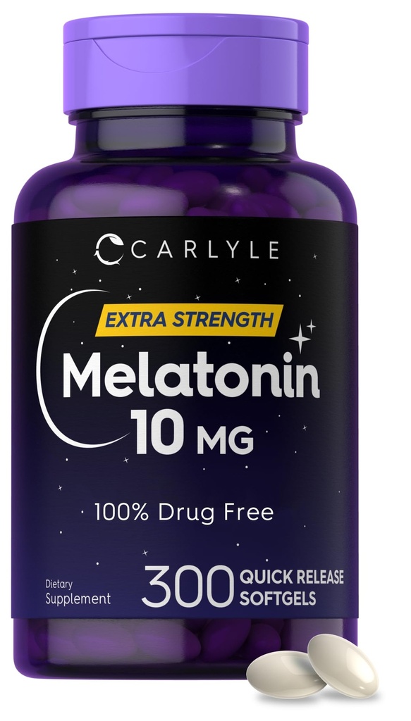 Carlyle Melatoniin 10mg | 300 Softgels | Täiendav tugevustuge täiskasvanutele | Mitte-GMO, Gluteenivaba täiendus