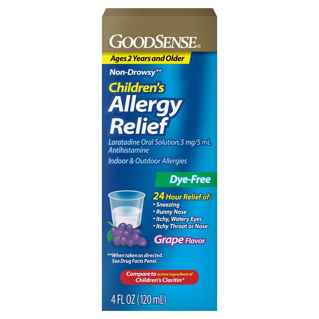 GoodSense Laste allergia leevendamine - Loratadiin Suukaudne lahus - Viinamarjamaitse - 24-tunnine mitteuimastav antihistamiin, 4 Fl Oz