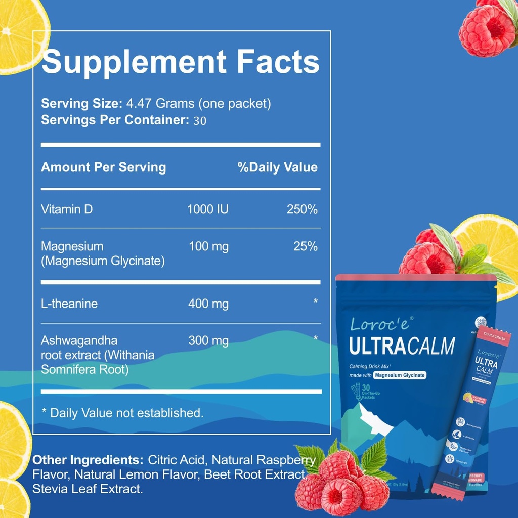 UltraCalm Super Kortisol Drink, Calm Magneesium Glycinate Pulber (30 Servings), L-theanine, Ashwagandha, Vitamiin D, Ilma suhkruta, Vaarika Lemonaadi Elektrolüüdid Pulber-1