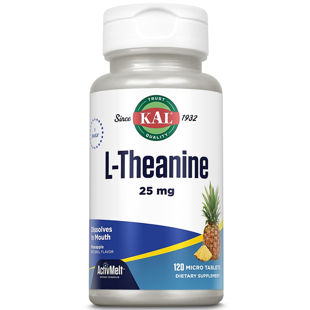 KAL L Theanine 25 mg ActivMelt - Lõõgastav, stress, meeleolu ja fookuse lisand - maitsev looduslik ananassimaitse steviaga - taimetoitlane - 120 serveerimist, 120 kohe lahustavat mikrotabletti