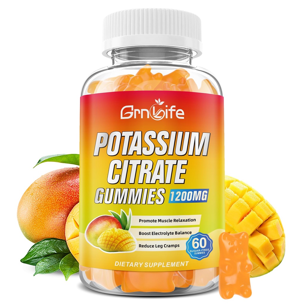 Kaaliumtsitraatkummid, kõrge kaaliumilisandiga kummikud 1200mg täiskasvanutele ja lastele, tugijala krambid ja lihaste tervis, Vegan, Mango maitse 60 Count