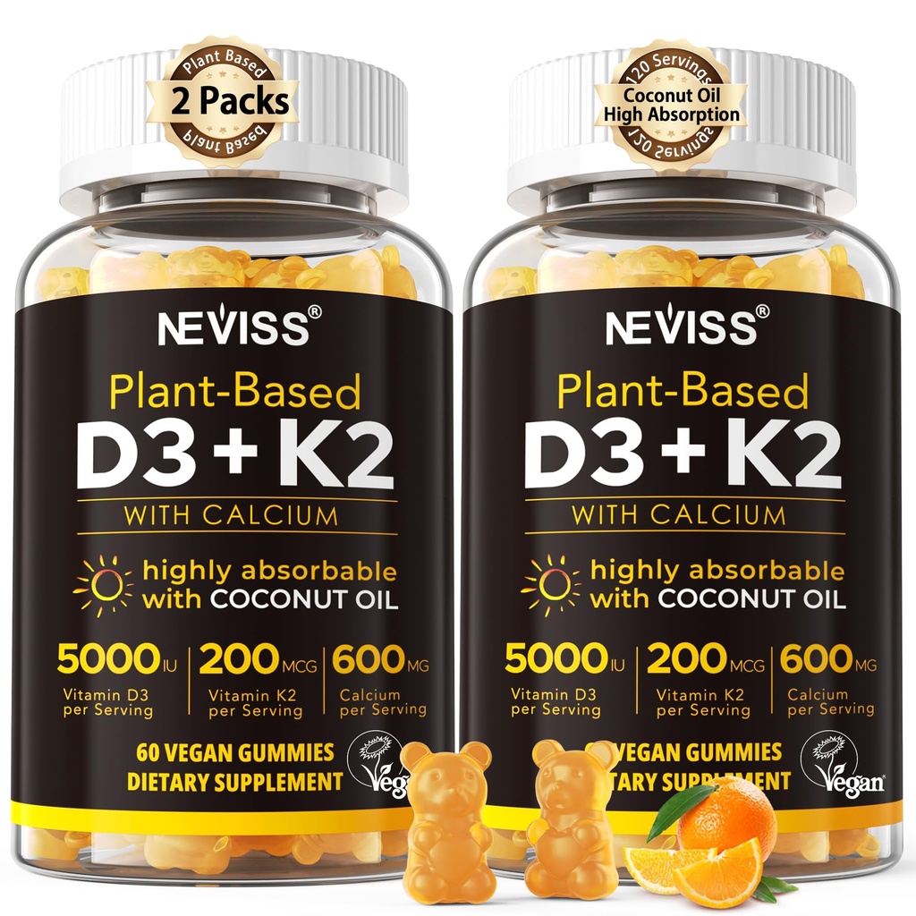 Vitamiin D3 5000iu & K2 ( MK7 kujul ) 200mcg Gummies + 600mg Kaltsium, kookosõli suure imendumise jaoks, maksimaalne tugevus Vitamiin D3 K2 täiendus - luude lihashammaste toetamine Immuunsus, vegan 2Packs