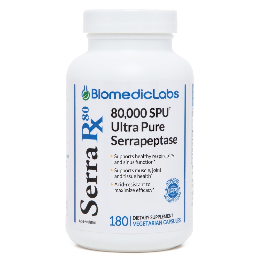Serra-RX 80 000 SU Serrapeptaas - happeresistentne proteolüütiline süsteemne ensüüm, mitte-GMO, gluteenivaba, vegan, toetab sinus & kopsude tervist, 180 Veg kapslit