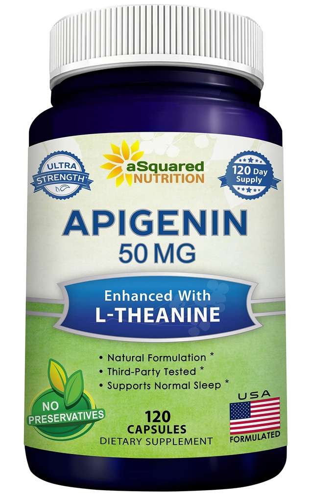 aSquared Nutrition Apigenin 50mg & L-Theanine 200mg - 120 kapslit - Apigenin Supplement pillid magada ja lõõgastuda - Natural Bioflavonoid ekstrakti leitud kummelitees