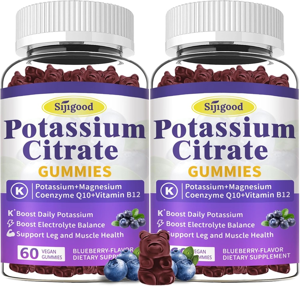2 Pack Kaaliumtsitraat Gummies, Kaaliumilisa lihaste tervise, Jalgade Kramp Relief & Elektrolüütide Tasakaal, Vegan, Mitte-GMO, Gluteenivaba, Mustikamaitse, 120 Count