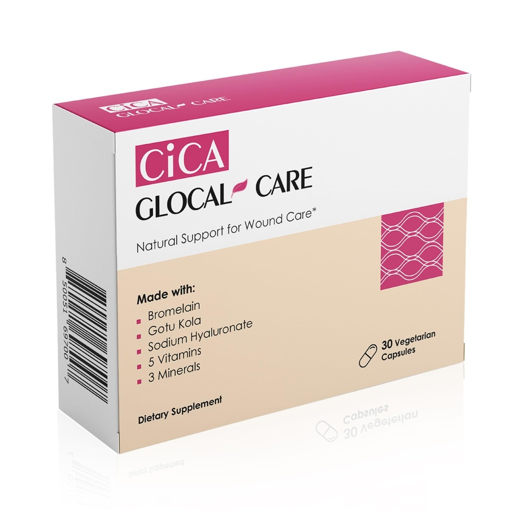 Cica GlocalCare - kliiniliselt tõestatud haavade paranemise lisand - armide ja taastumise tugi - aitab naha ja kudede parandamisel kirurgia, haavade, armide ravi ja verevalumite jaoks (30 kapslit)
