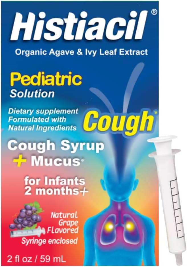 Histiacil Organic Agave Jarabe para TOS, Imikud 2 kuud ja vanemad, Köha + Licus Relief valmistatud Agave & Ivy Leaf Extract, Pediatric Formula for Children's Daytime Mucus Viinamarjamaitse, 2 fl oz