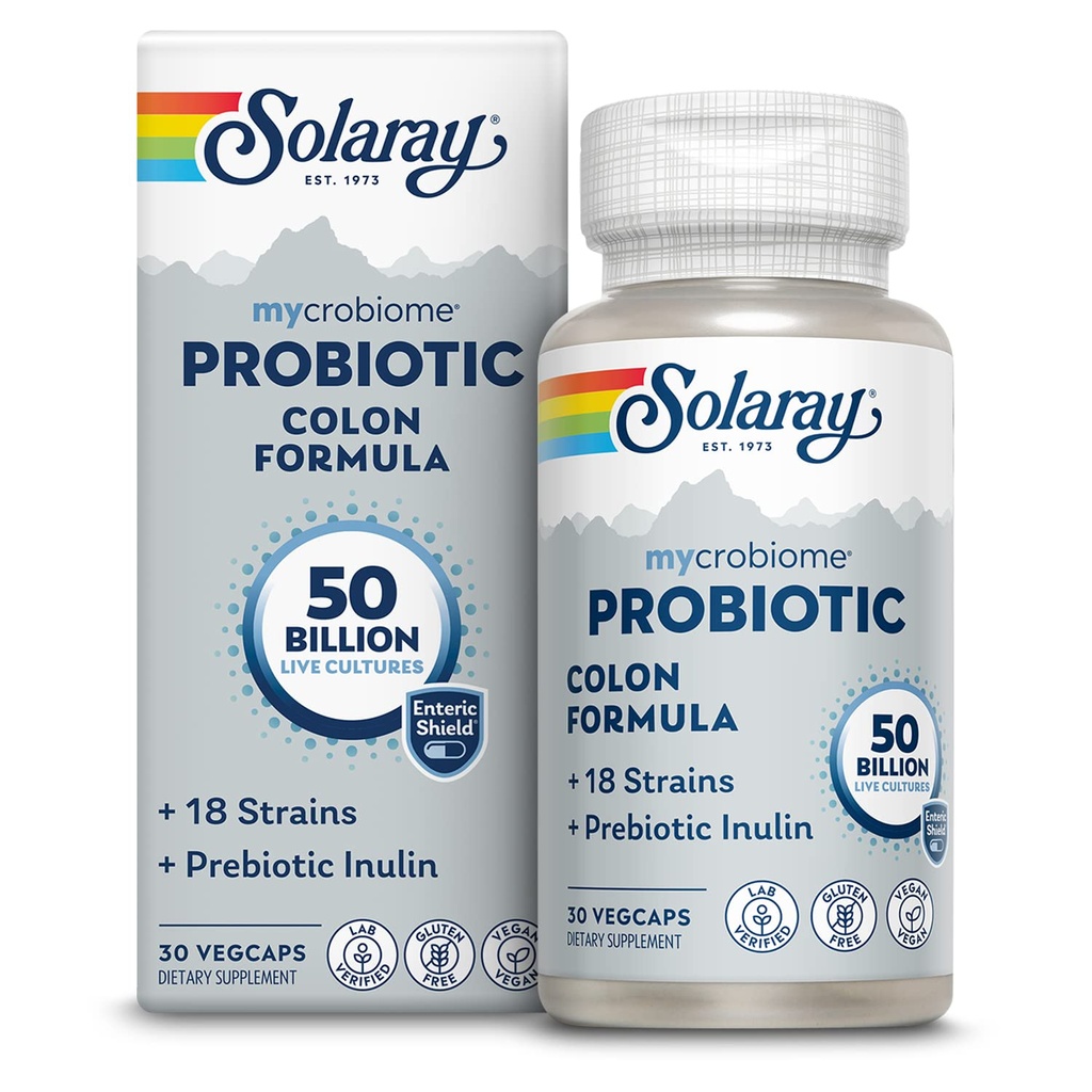 SOLARAY Mycrobiome Probiootiline koloonia valem, vegan, seedetrakti funktsioon, käärsoole tervis ja immuunsüsteemi tugi, 50 miljardit CFU, 18 tüve, prebiootiline inuliin, 60-päevane garantii, 30 Servings, 30 VegCaps