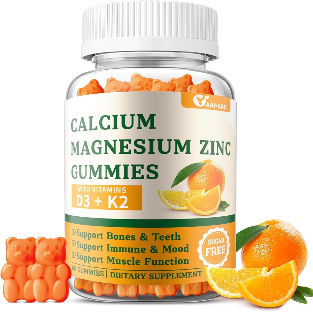Kaltsium Magneesium Tsink Kummid Vitamiin D3 & K2 - Suhkruvaba Kaltsium Kummid Naistele ja Meestele - Luu Ja Immuunsüsteemi Toetus - Mitte-GMO, Gluteenivaba, Oranž Maitsestatud - 60 Kummid