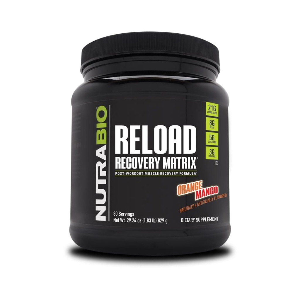 NutraBio Reload - võimas lihaste taastamise valem - pärast treeningut täiendada - 3G kreatiini - 8G BCAA-d - 5G glutamiini - 30 Servings, Orange Mango