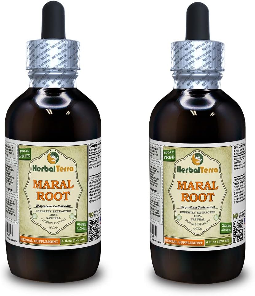 Maral Juur (Rhaponticum Carthamoides) Tinktuur, orgaaniline kuivatatud juured Vedelikekstrakt (Brand Name: HerbalTerra, Proudly Made in USA) 2x4 fl.oz (2x120 ml)